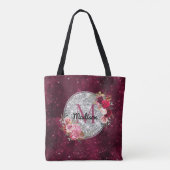 Tote Bag Chic faux Silver Glitter Burgundy Floral monogram (Dos)