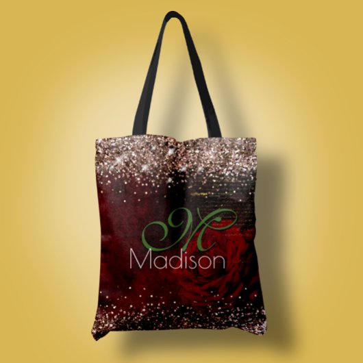 Tote Bag Chic fleur rouge faux or parties scintillant monog