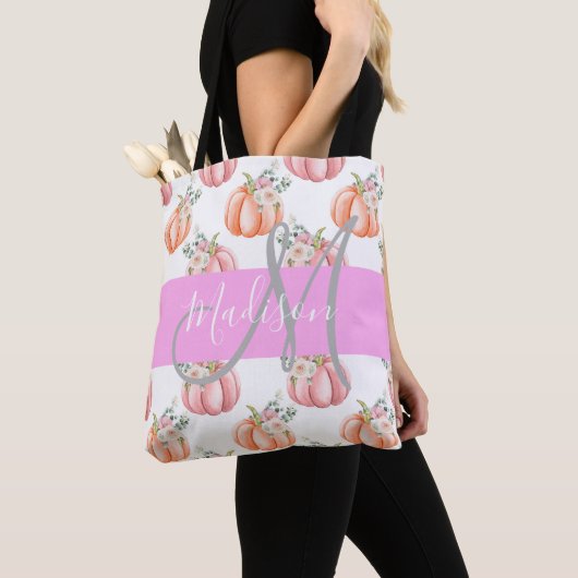 Tote Bag Chic Fleurs Blanc Rose Pêche Citrouille Monogramme (De près)