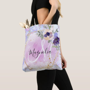 Tote Bag Chic Floral Bleu Rose Or Licorne Arc-en-Ciel Marbr