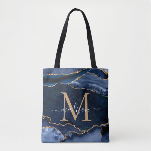 Tote Bag Chic Marine Blue Gold Agate Geode Feminine Monogra (Devant)