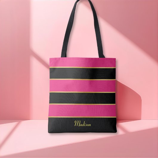Tote Bag Chic moderne rose noir rayures modèle avec nom