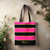 Tote Bag Chic moderne rose noir rayures modèle avec nom