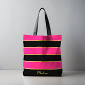 Tote Bag Chic moderne rose noir rayures modèle avec nom