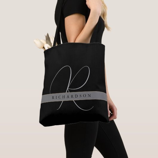 Tote Bag Chic Monogramme Nom initial Charcoal Grey Black (De près)