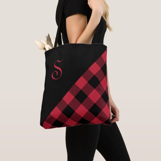 Tote Bag Chic Monogramme Rouge Buffle noir Vérifier géométr (De près)
