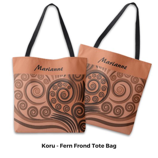 Tote Bag Chic Nommé Orange Brown Fern Curls Koru