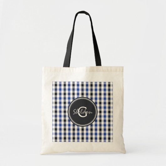 Tote Bag chic preppy bleu noir en vichy motif monogramme (Devant)