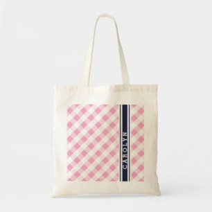 Tote Bag chic preppy rose marine en vichy motif monogramme