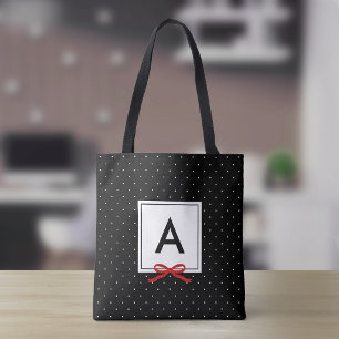 Tote Bag Chic Red Ribbon Black Polka Dot Motif Monogramme