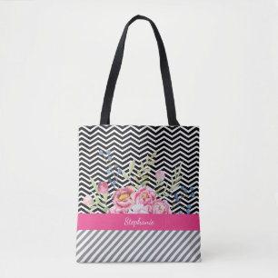 Tote Bag Chic rose floral Chevron noir et blanc et nom