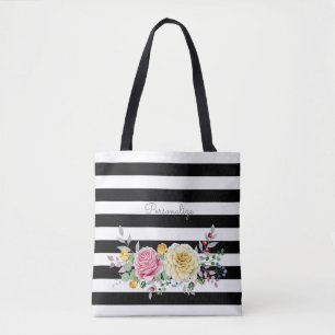 Tote Bag Chic Rose Floral tendance rayures noires et nom