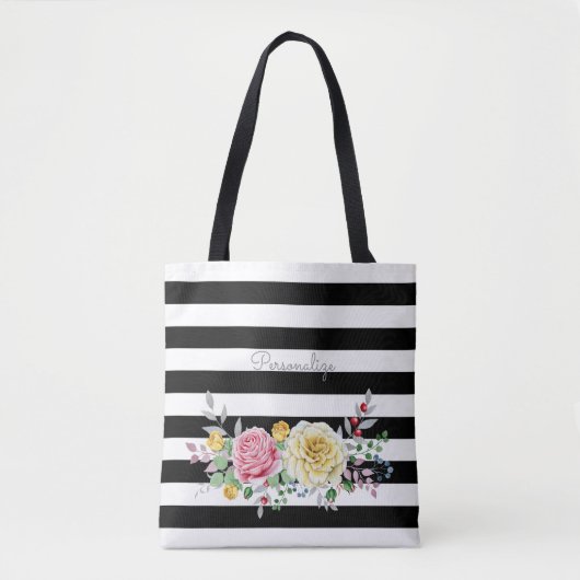 Tote Bag Chic Rose Floral tendance rayures noires et nom (Devant)