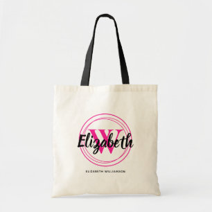 Tote Bag Chic rose vif monogramme initiale nom script