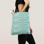 Tote Bag Chic Seafoam Green Personalized Name Collage<br><div class="desc">Chic seaside mint green name collage tote bag decorated in nine different fonts spelling a custom name in white. Cute personalized gift with trendy typography.</div>
