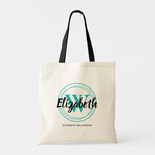 Tote Bag Chic Turquoise Monogramme Initiale Nom Script (Dos)
