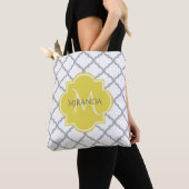 Tote Bag Chic White Grey Quatrefoil Yellow Monogramme Nom (De près)