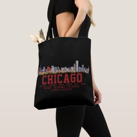 Tote Bag Chicago Skyline. Area Names and Coordinates (De près)