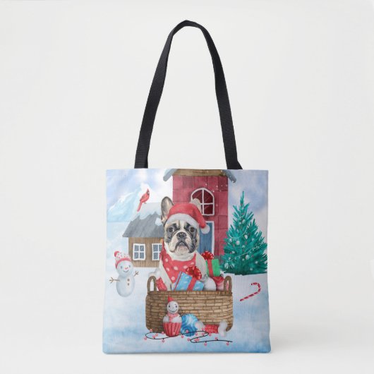 Tote Bag Chien à tête blanche dans la neige Maison de Chien (Devant)