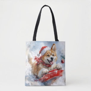 Tote Bag Chien Akita en Luge Laissez Tomber la Neige Noël