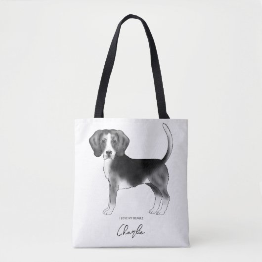 Tote Bag Chien beagle En Noir Et Blanc Et Texte Personnalis (Devant)