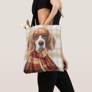 Tote Bag Chien Beagle et monogramme à carreaux dorés