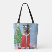 Tote Bag Chien berger allemand en neige avec cadeaux de Noë (Dos)