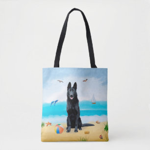 Tote Bag Chien berger allemand noir sur la plage