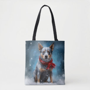 Tote Bag Chien Blue Heeler dans la neige de Noël