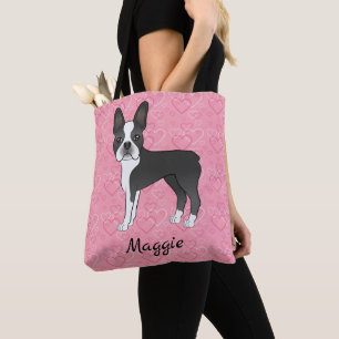 Tote Bag Chien Boston Terrier noir et blanc sur des cœurs r