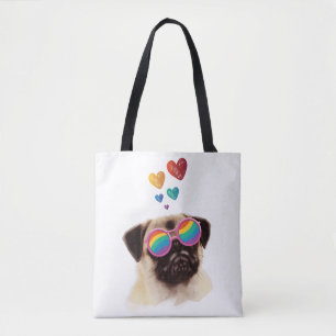 Tote Bag Chien Carlin avec coeurs Saint-Valentin