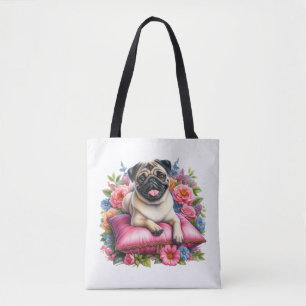 Tote Bag Chien Carlin sur un Coussin avec des Fleurs en Aqu