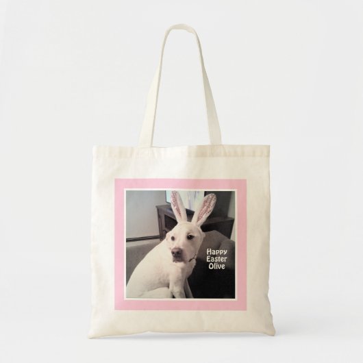 Tote Bag Chien Chiot Blanc Mignonne Avec Lapin De Pâques Or (Devant)