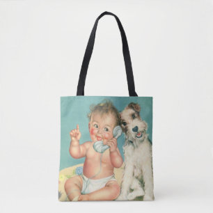 Tote Bag Chien Chiot Vintage Mignon Bébé Parlant au Télépho