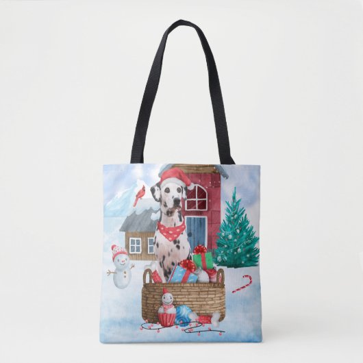 Tote Bag Chien dalmate dans la neige Maison de chien de Noë (Devant)