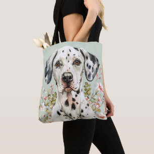 TOTE BAG CHIEN DALMATIQUE NOIR ET BLANC AVEC FLEUR SAUVAGE
