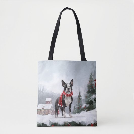 Tote Bag Chien de Boston Terrier pendant Noël de neige (Devant)