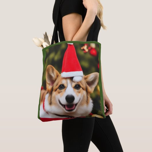 Tote Bag Chien de Corgi souriant Noël fun (De près)