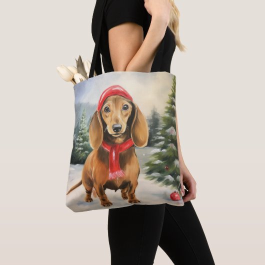 Tote Bag Chien de Dachshund à Noël de neige (De près)