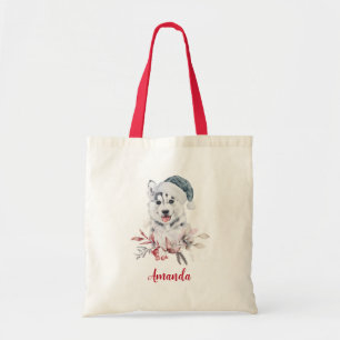 Tote Bag Chien de Noël Husky dans un chapeau de Père Noël