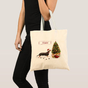 Tote Bag Chien de Noël noir et Tan Dachshund drôle