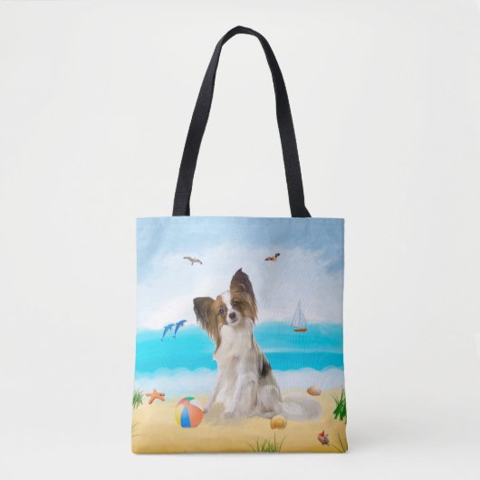 Tote Bag Chien de Papillon sur la plage (Devant)
