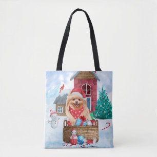 Tote Bag Chien de Poméranie dans la neige Maison de Chien d
