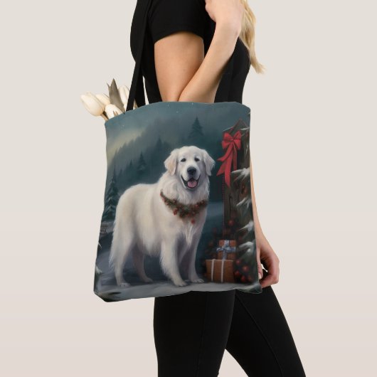 Tote Bag Chien des grandes Pyrénées à Noël de neige (De près)