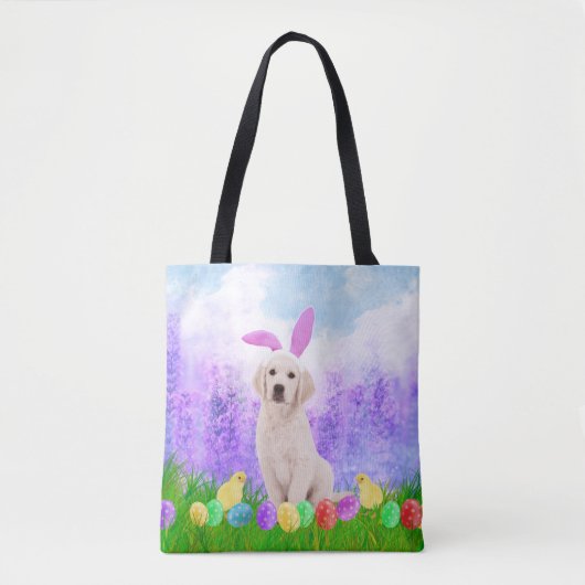Tote Bag Chien d'or retriever avec oeufs de Pâques Poussins (Devant)