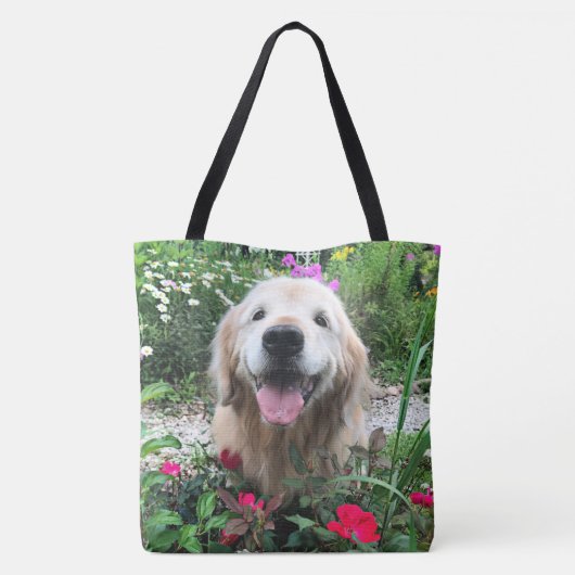 Tote Bag Chien doré souriant parmi les fleurs (Dos)