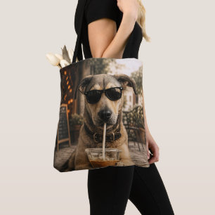Tote Bag Chien drôle et cool buvant un café glacé