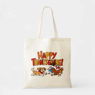 Tote Bag Chien drôle poursuivant un dindon Joyeux Thanksgiv