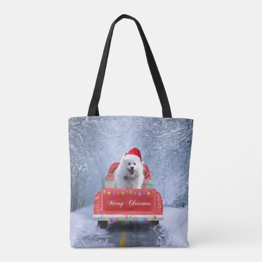Tote Bag Chien Eskimo américain en neige assis à Noël (Dos)