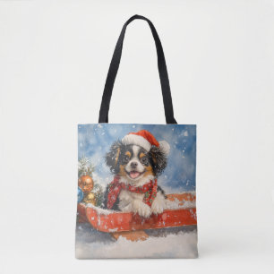 Tote Bag Chien Japonais Chin en Luge Laissez Tomber la Neig